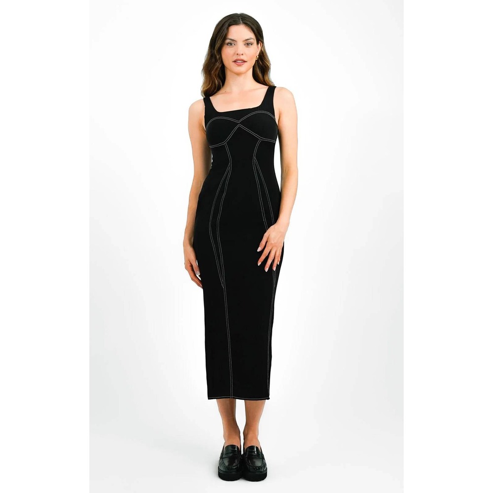 Topshop Womens Fishtail Midi Dress Contrast Stitch Black US 4 Bodycon Grunge Y2K